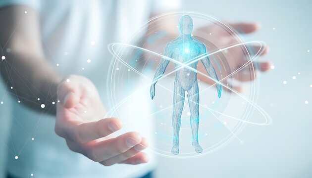 Person holding digital water bottle with glowing particles and futuristic design