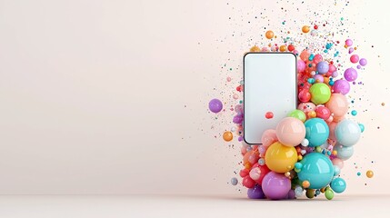 A modern smartphone with a blank white screen is surrounded by a cascade of colorful, glossy balloons and confetti.