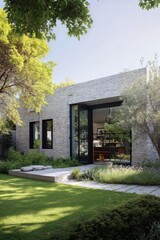 Fototapeta premium The contemporary architectural style of the house features expansive windows that invite ample sunlight, perfectly complementing the natural landscaping of a peaceful garden.