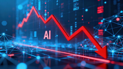 AI Downtrend Graph With Arrow Over World Map Background: Blue Tech Finance Concept