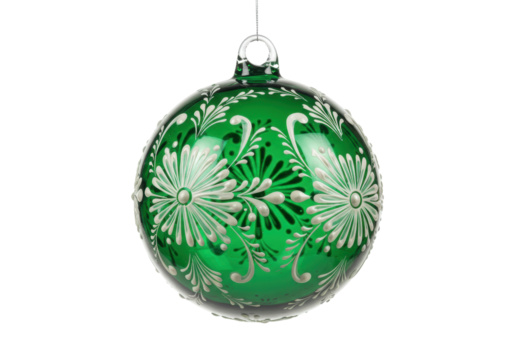 Isolated green glass Christmas ball ornament with silver flower motif, suspended from above