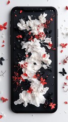 A smartphone displays a striking arrangement of white and red flowers and delicate branches against a black screen.