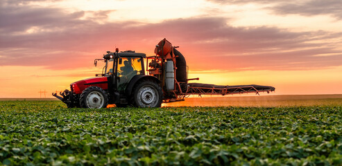 Tractor spraying crops in agricultural field at sunset © oticki