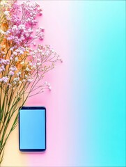 A smartphone with a blank blue screen is placed next to a bouquet of delicate pink and white flowers against a soft pink and turquoise gradient background.