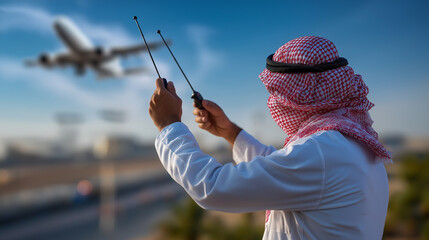Faceless technician holding signaling wands, airplane approaching in the distance, shallow depth of field, Saudi airport backdrop, with copy space