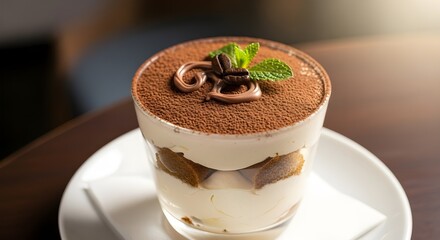 A delectable tiramisu dessert, adorned with cocoa powder, chocolate curls, and fresh mint leaves, presented in a glass on a white plate, a culinary delight