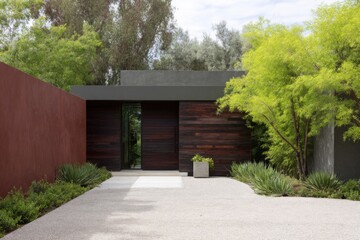 Fototapeta premium Modern architectural design of a private residence entrance set in a lush landscape featuring distinct greenery and textured materials at midday