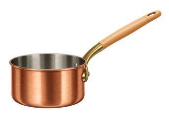 Isolated copper saucepan with wooden handle ready for cooking an exquisite meal