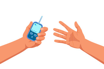 Glucose meter in hand, another hand reaching to take it or for checkup. Diabetes, medical concept