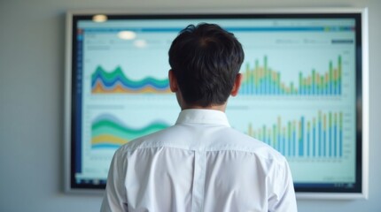 Un empresario estudia con atención una serie de gráficos de crecimiento mostrados en un panel de presentación