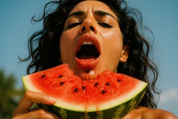 Extreme Close-up of Woman's Mouth Biting Juicy Watermelon