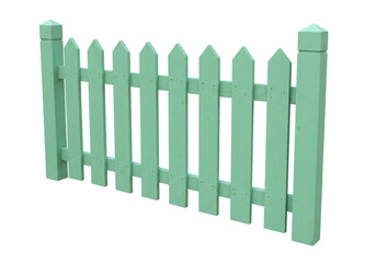 Isolated Section of a Light Green Painted Wooden Picket Fence Outdoors on a Sunny Day