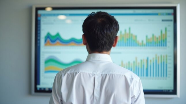 Un empresario estudia con atenci&oacute;n una serie de gr&aacute;ficos de crecimiento mostrados en un panel de presentaci&oacute;n