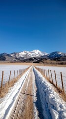 A long, snow-covered dirt road stretches towards majestic, snow-capped mountains on a clear, bright day.