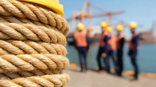 Close up of a mooring rope with blurred group of workers in hard hats and vests in background on a pier