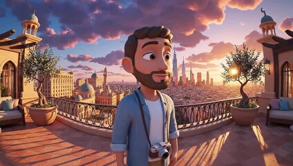 Animated traveler on city rooftop admiring vibrant skyline at sunset. 3D man with camera enjoying urban panorama.