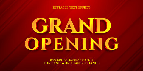 Grand Opening 3D Text Effect Style. Luxury Golden Font on Red Background. Editable Vector Template for Poster and Banner.