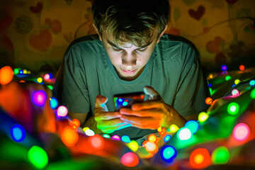 Sleepless obsessed man experiences fear of missing out by social media consumption and obsessive doomscrolling, psychological effects that trigger anxiety and harmful self esteem issues. Camera B.