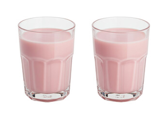 Isolated glasses of pink strawberry flavored milk ready to drink a healthy beverage