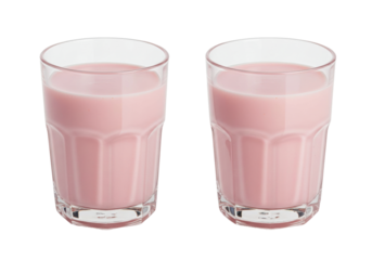 Isolated glasses of pink strawberry flavored milk ready to drink a healthy beverage
