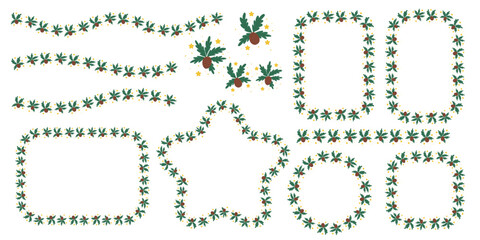 A set of festive frames and outlines of Christmas trees and pine cones with stars