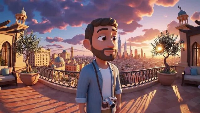 Animated traveler on city rooftop admiring vibrant skyline at sunset. 3D man with camera enjoying urban panorama.