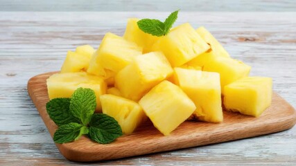 Pile of cubed pineapple with mint sprigs sits on a wooden cutting board against a blue toned wooden surface