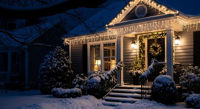 Snowy house with lit porch and wreath at night in winter
