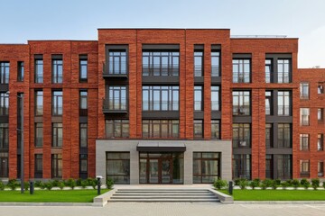 Naklejka premium Modern brick building with large windows located in an urban area shows a sleek design and landscaped surroundings during daylight