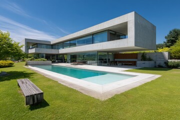 Fototapeta premium A contemporary concrete home featuring expansive windows and a beautiful pool, all set against a lush green landscape beneath a bright blue sky