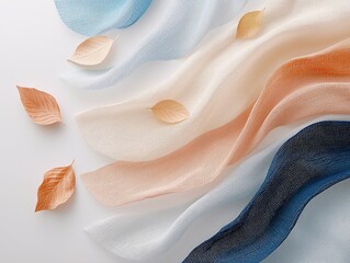 A gentle arrangement of sheer, layered fabrics in muted pastel and earth tones, adorned with dried autumn leaves, creating a serene and elegant aesthetic.