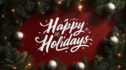 Festive happy holidays message in elegant white script on a deep red background surrounded by evergreen branches and christmas ornaments