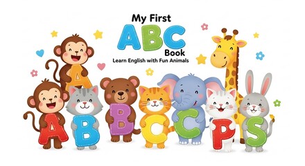 Diverse cartoon animals holding alphabet letters for an early childhood ABC book, promoting fun English language learning and literacy development.