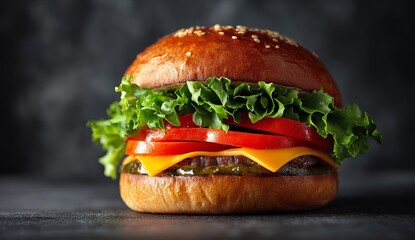 A photorealistic image of an extremely delicious burger with lettuce, tomato, and cheese on top, placed against a dark gray background. the hamburger is centered in the frame.