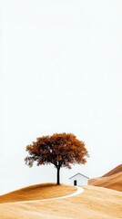 A lone tree with vibrant orange leaves is situated on a golden hill next to a small white building, with a winding path leading towards it.