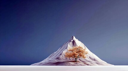 A single tree with vibrant orange leaves grows on the side of a majestic, snow-capped mountain against a clear, deep blue sky.