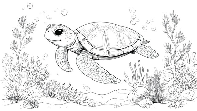 Adorable Underwater Coloring Page with Cute Turtle for Children Educational Material