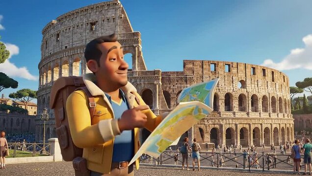 Smiling animated tourist with map exploring ancient Rome, iconic Colosseum in background under blue sky.
