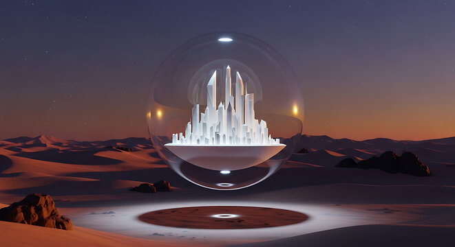 Protected futuristic city inside a transparent sphere at night - Powered by Adobe