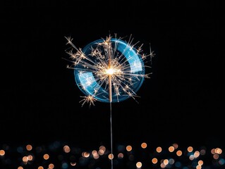 A sparkler burns brightly, its sparks illuminating a translucent blue bubble. The background is dark, with a soft bokeh effect of warm-toned lights at the botto
