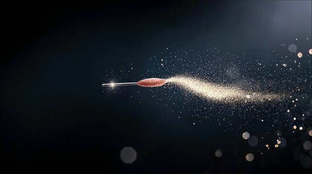 A sparkler is lit, creating a dynamic trail of golden glitter and sparks against a dark, moody background with soft bokeh lights.