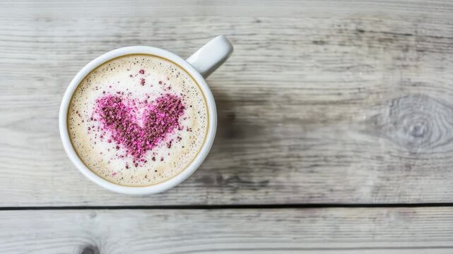 Overhead view of a white coffee cup with latte art heart shape on a gray wooden surface