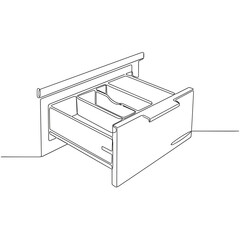 Open drawer with compartments in black and white line art style