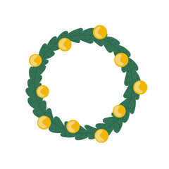 Christmas wreath made of spruce or pine branches with yellow balls