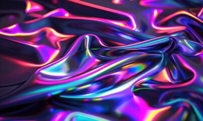 Fototapeta premium Iridescent fabric texture with colorful holographic effect and smooth waves