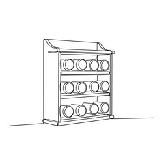 Spice rack with jars on shelves in black and white line drawing