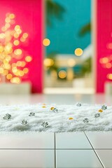 Diamonds and gold confetti are sprinkled on a white surface, with a blurred background of bright pink and turquoise colors and bokeh lights.