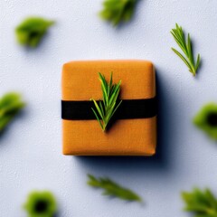 A square orange gift box adorned with a black ribbon and a fresh rosemary sprig, set against a soft blue background with scattered green leaves.