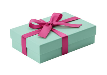 Isolated, turquoise gift box tied with a bright magenta ribbon, present for special occasion