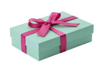 Isolated, turquoise gift box tied with a bright magenta ribbon, present for special occasion